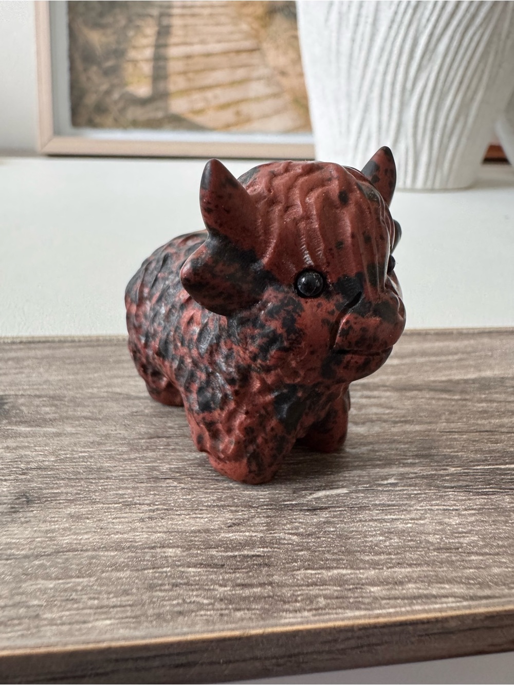 Carved Red Obsidian Highland Cow Figurine